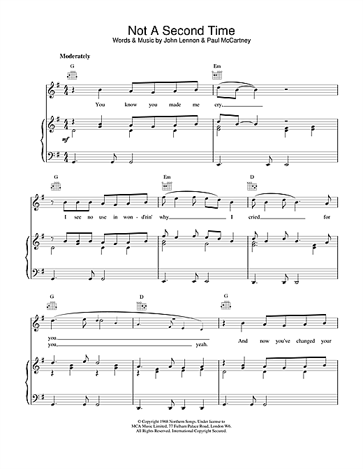 Preview The Beatles Not A Second Time Rock sheet music, notes and chords for Piano, Vocal & Guitar (Right-Hand Melody), SKU: 15219 sheet music, piano notes, chords, guitar tabs, score, transpose, transcribe, how to play, guide, download, learn, tutorial, progression, song, artist, awards, billboard, mtv, vh1, tour, single, album, release