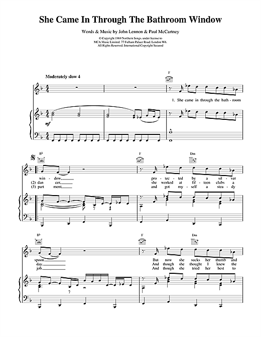 Preview The Beatles She Came In Through The Bathroom Window Rock sheet music, notes and chords for Piano, Vocal & Guitar (Right-Hand Melody), SKU: 15220 sheet music, piano notes, chords, guitar tabs, score, transpose, transcribe, how to play, guide, download, learn, tutorial, progression, song, artist, awards, billboard, mtv, vh1, tour, single, album, release
