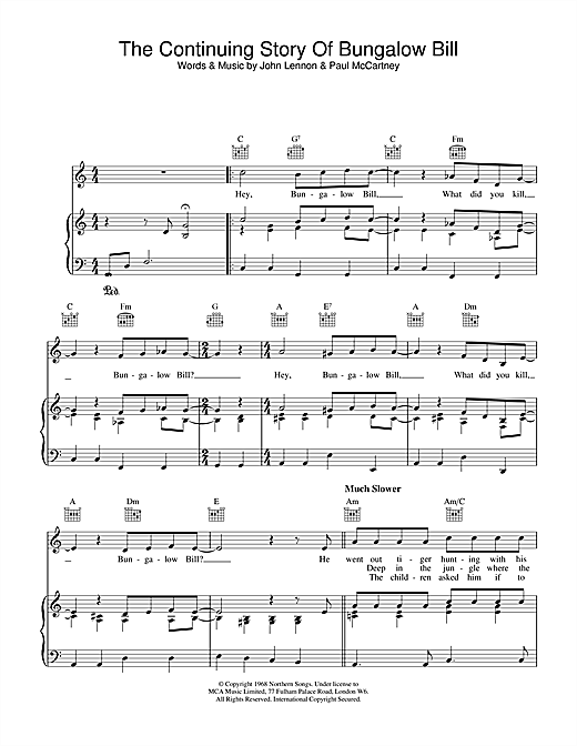 Preview The Beatles The Continuing Story Of Bungalow Bill Rock sheet music, notes and chords for Piano, Vocal & Guitar (Right-Hand Melody), SKU: 15222 sheet music, piano notes, chords, guitar tabs, score, transpose, transcribe, how to play, guide, download, learn, tutorial, progression, song, artist, awards, billboard, mtv, vh1, tour, single, album, release