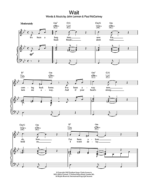 Preview The Beatles Wait Rock sheet music, notes and chords for Piano, Vocal & Guitar (Right-Hand Melody), SKU: 15224 sheet music, piano notes, chords, guitar tabs, score, transpose, transcribe, how to play, guide, download, learn, tutorial, progression, song, artist, awards, billboard, mtv, vh1, tour, single, album, release
