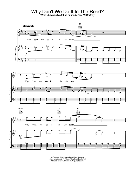 Preview The Beatles Why Don't We Do It In The Road Rock sheet music, notes and chords for Piano, Vocal & Guitar (Right-Hand Melody), SKU: 15227 sheet music, piano notes, chords, guitar tabs, score, transpose, transcribe, how to play, guide, download, learn, tutorial, progression, song, artist, awards, billboard, mtv, vh1, tour, single, album, release