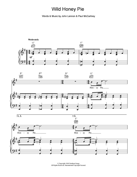 Preview The Beatles Wild Honey Pie Rock sheet music, notes and chords for Piano, Vocal & Guitar (Right-Hand Melody), SKU: 15228 sheet music, piano notes, chords, guitar tabs, score, transpose, transcribe, how to play, guide, download, learn, tutorial, progression, song, artist, awards, billboard, mtv, vh1, tour, single, album, release