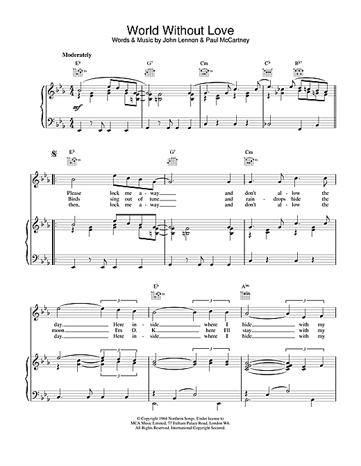 Preview The Beatles World Without Love Rock sheet music, notes and chords for Piano, Vocal & Guitar (Right-Hand Melody), SKU: 15230 sheet music, piano notes, chords, guitar tabs, score, transpose, transcribe, how to play, guide, download, learn, tutorial, progression, song, artist, awards, billboard, mtv, vh1, tour, single, album, release