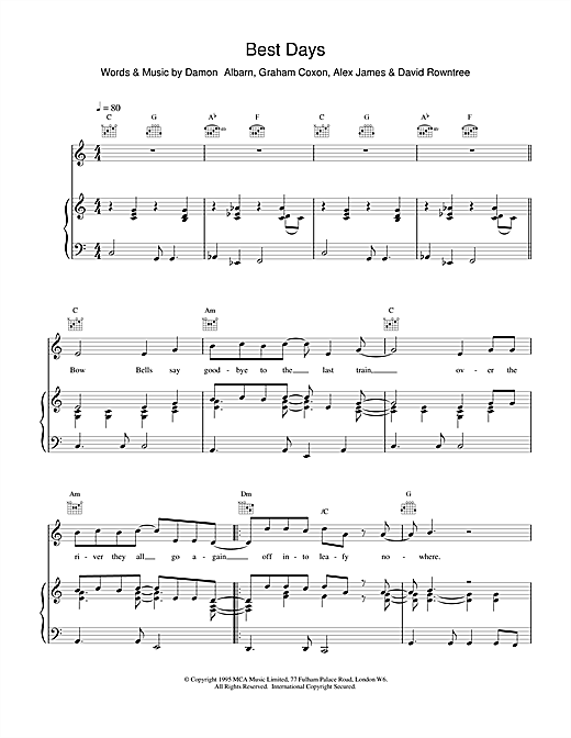 Preview Blur Best Days Pop sheet music, notes and chords for Piano, Vocal & Guitar (Right-Hand Melody), SKU: 15233 sheet music, piano notes, chords, guitar tabs, score, transpose, transcribe, how to play, guide, download, learn, tutorial, progression, song, artist, awards, billboard, mtv, vh1, tour, single, album, release
