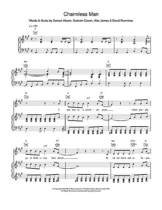 Preview Blur Charmless Man Rock sheet music, notes and chords for Piano, Vocal & Guitar (Right-Hand Melody), SKU: 15234 sheet music, piano notes, chords, guitar tabs, score, transpose, transcribe, how to play, guide, download, learn, tutorial, progression, song, artist, awards, billboard, mtv, vh1, tour, single, album, release