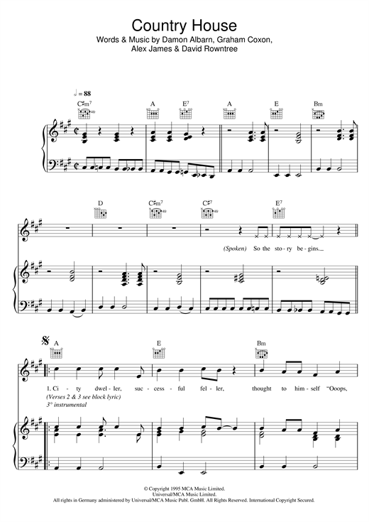 Preview Blur Country House Pop sheet music, notes and chords for Piano, Vocal & Guitar (Right-Hand Melody), SKU: 15235 sheet music, piano notes, chords, guitar tabs, score, transpose, transcribe, how to play, guide, download, learn, tutorial, progression, song, artist, awards, billboard, mtv, vh1, tour, single, album, release