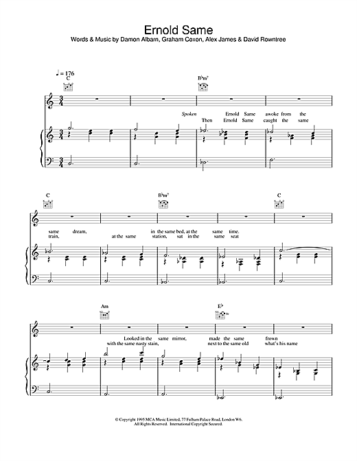 Preview Blur Ernold Same Pop sheet music, notes and chords for Piano, Vocal & Guitar (Right-Hand Melody), SKU: 15238 sheet music, piano notes, chords, guitar tabs, score, transpose, transcribe, how to play, guide, download, learn, tutorial, progression, song, artist, awards, billboard, mtv, vh1, tour, single, album, release