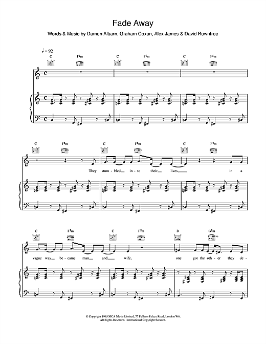 Preview Blur Fade Away Pop sheet music, notes and chords for Piano, Vocal & Guitar (Right-Hand Melody), SKU: 15239 sheet music, piano notes, chords, guitar tabs, score, transpose, transcribe, how to play, guide, download, learn, tutorial, progression, song, artist, awards, billboard, mtv, vh1, tour, single, album, release