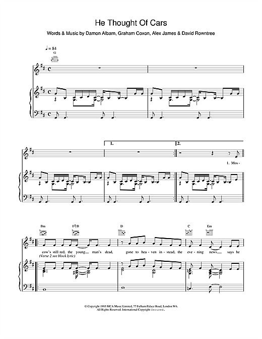 Preview Blur He Thought Of Cars Pop sheet music, notes and chords for Piano, Vocal & Guitar (Right-Hand Melody), SKU: 15241 sheet music, piano notes, chords, guitar tabs, score, transpose, transcribe, how to play, guide, download, learn, tutorial, progression, song, artist, awards, billboard, mtv, vh1, tour, single, album, release