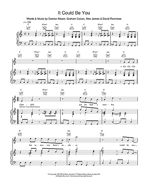 Preview Blur It Could Be You Pop sheet music, notes and chords for Piano, Vocal & Guitar (Right-Hand Melody), SKU: 15242 sheet music, piano notes, chords, guitar tabs, score, transpose, transcribe, how to play, guide, download, learn, tutorial, progression, song, artist, awards, billboard, mtv, vh1, tour, single, album, release