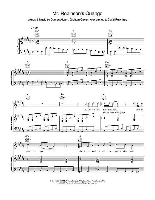 Preview Blur Mr. Robinson's Quango Pop sheet music, notes and chords for Piano, Vocal & Guitar, SKU: 15243 sheet music, piano notes, chords, guitar tabs, score, transpose, transcribe, how to play, guide, download, learn, tutorial, progression, song, artist, awards, billboard, mtv, vh1, tour, single, album, release