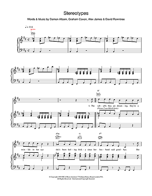 Preview Blur Stereotypes Pop sheet music, notes and chords for Piano, Vocal & Guitar (Right-Hand Melody), SKU: 15244 sheet music, piano notes, chords, guitar tabs, score, transpose, transcribe, how to play, guide, download, learn, tutorial, progression, song, artist, awards, billboard, mtv, vh1, tour, single, album, release