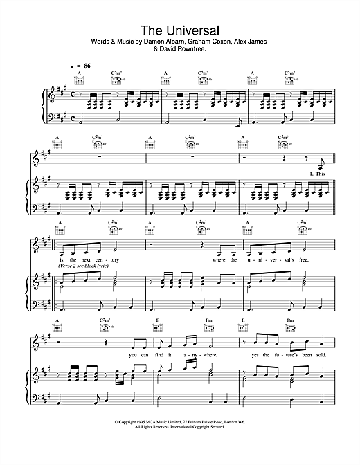 Preview Blur The Universal Pop sheet music, notes and chords for Piano, Vocal & Guitar (Right-Hand Melody), SKU: 15245 sheet music, piano notes, chords, guitar tabs, score, transpose, transcribe, how to play, guide, download, learn, tutorial, progression, song, artist, awards, billboard, mtv, vh1, tour, single, album, release