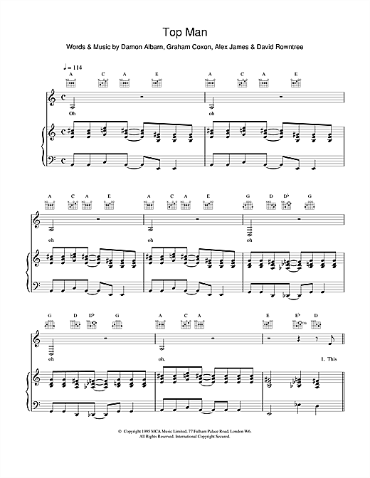 Preview Blur Top Man Pop sheet music, notes and chords for Piano, Vocal & Guitar, SKU: 15246 sheet music, piano notes, chords, guitar tabs, score, transpose, transcribe, how to play, guide, download, learn, tutorial, progression, song, artist, awards, billboard, mtv, vh1, tour, single, album, release
