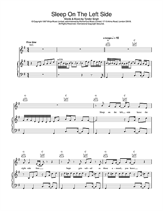 Preview Cornershop Sleep On The Left Side Pop sheet music, notes and chords for Piano, Vocal & Guitar, SKU: 15251 sheet music, piano notes, chords, guitar tabs, score, transpose, transcribe, how to play, guide, download, learn, tutorial, progression, song, artist, awards, billboard, mtv, vh1, tour, single, album, release