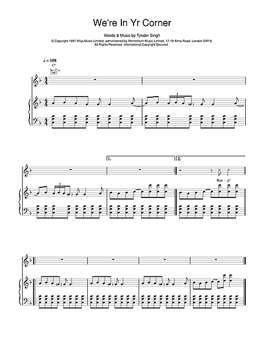 Preview Cornershop We're In Yr Corner Pop sheet music, notes and chords for Piano, Vocal & Guitar (Right-Hand Melody), SKU: 15252 sheet music, piano notes, chords, guitar tabs, score, transpose, transcribe, how to play, guide, download, learn, tutorial, progression, song, artist, awards, billboard, mtv, vh1, tour, single, album, release