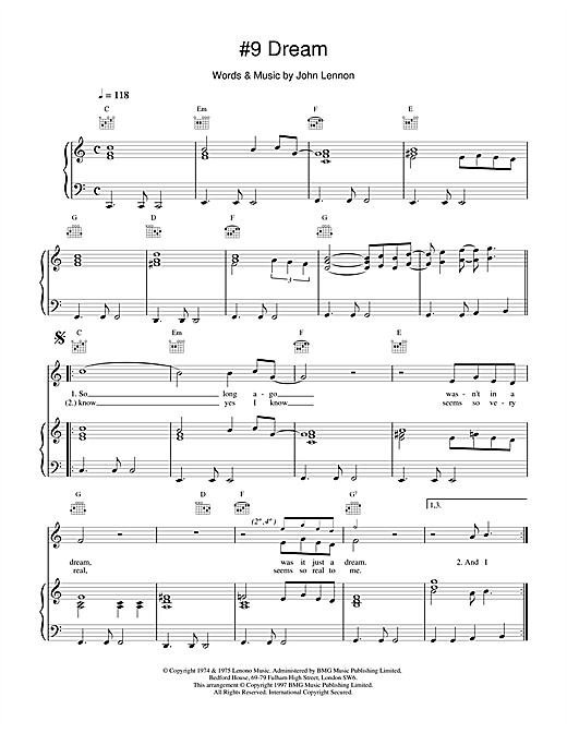 Preview John Lennon #9 Dream Rock sheet music, notes and chords for Piano, Vocal & Guitar (Right-Hand Melody), SKU: 15253 sheet music, piano notes, chords, guitar tabs, score, transpose, transcribe, how to play, guide, download, learn, tutorial, progression, song, artist, awards, billboard, mtv, vh1, tour, single, album, release