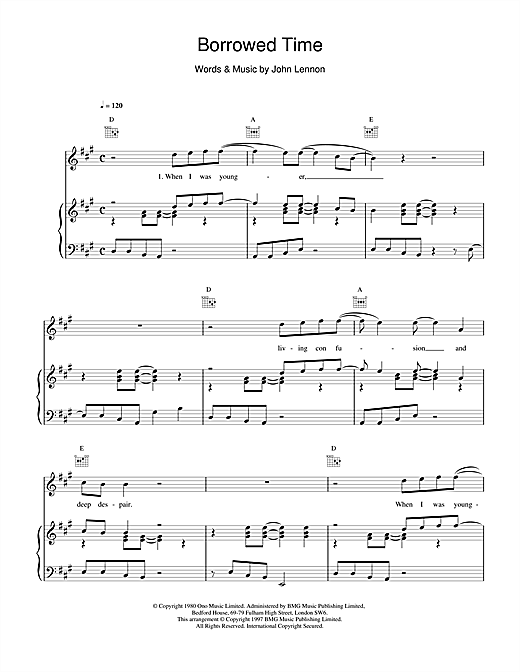 Preview John Lennon Borrowed Time Rock sheet music, notes and chords for Piano, Vocal & Guitar (Right-Hand Melody), SKU: 15254 sheet music, piano notes, chords, guitar tabs, score, transpose, transcribe, how to play, guide, download, learn, tutorial, progression, song, artist, awards, billboard, mtv, vh1, tour, single, album, release