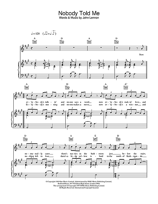 Preview John Lennon Nobody Told Me Rock sheet music, notes and chords for Piano, Vocal & Guitar (Right-Hand Melody), SKU: 15255 sheet music, piano notes, chords, guitar tabs, score, transpose, transcribe, how to play, guide, download, learn, tutorial, progression, song, artist, awards, billboard, mtv, vh1, tour, single, album, release