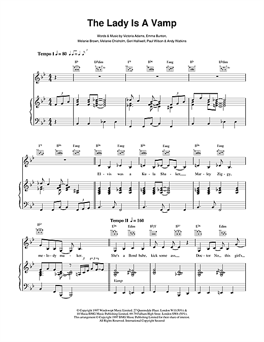 Preview The Spice Girls The Lady Is A Vamp Pop sheet music, notes and chords for Piano, Vocal & Guitar, SKU: 15262 sheet music, piano notes, chords, guitar tabs, score, transpose, transcribe, how to play, guide, download, learn, tutorial, progression, song, artist, awards, billboard, mtv, vh1, tour, single, album, release