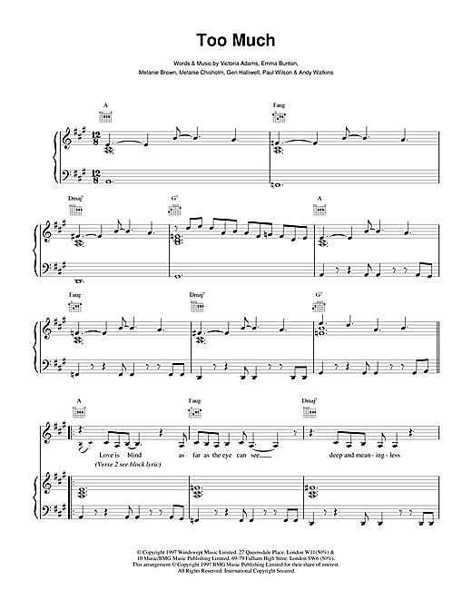 Preview The Spice Girls Too Much Pop sheet music, notes and chords for Piano, Vocal & Guitar, SKU: 15263 sheet music, piano notes, chords, guitar tabs, score, transpose, transcribe, how to play, guide, download, learn, tutorial, progression, song, artist, awards, billboard, mtv, vh1, tour, single, album, release