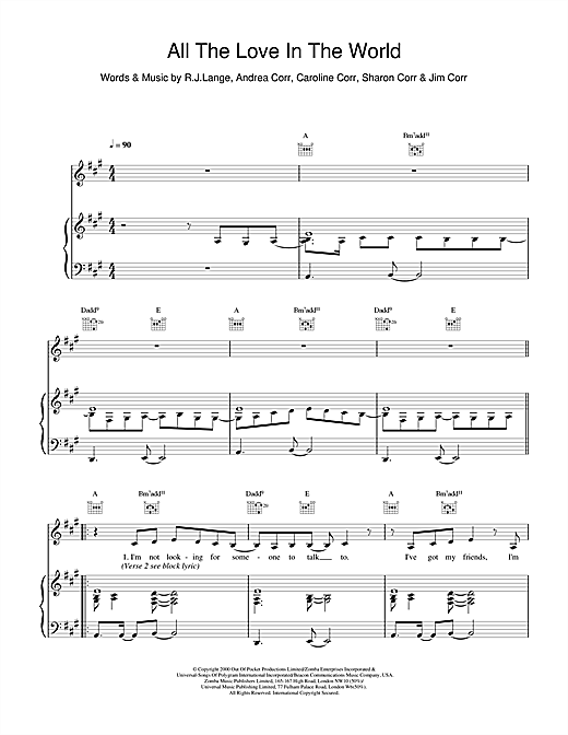 Preview The Corrs All The Love In The World Folk sheet music, notes and chords for Piano, Vocal & Guitar, SKU: 15265 sheet music, piano notes, chords, guitar tabs, score, transpose, transcribe, how to play, guide, download, learn, tutorial, progression, song, artist, awards, billboard, mtv, vh1, tour, single, album, release