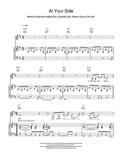 Preview The Corrs At Your Side Folk sheet music, notes and chords for Piano, Vocal & Guitar, SKU: 15266 sheet music, piano notes, chords, guitar tabs, score, transpose, transcribe, how to play, guide, download, learn, tutorial, progression, song, artist, awards, billboard, mtv, vh1, tour, single, album, release