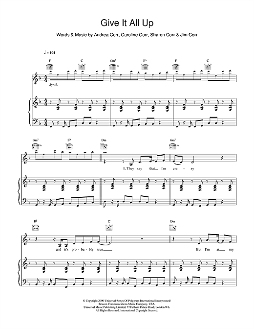 Preview The Corrs Give It All Up Folk sheet music, notes and chords for Piano, Vocal & Guitar, SKU: 15267 sheet music, piano notes, chords, guitar tabs, score, transpose, transcribe, how to play, guide, download, learn, tutorial, progression, song, artist, awards, billboard, mtv, vh1, tour, single, album, release