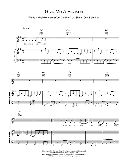 Preview The Corrs Give Me A Reason Folk sheet music, notes and chords for Piano, Vocal & Guitar, SKU: 15268 sheet music, piano notes, chords, guitar tabs, score, transpose, transcribe, how to play, guide, download, learn, tutorial, progression, song, artist, awards, billboard, mtv, vh1, tour, single, album, release