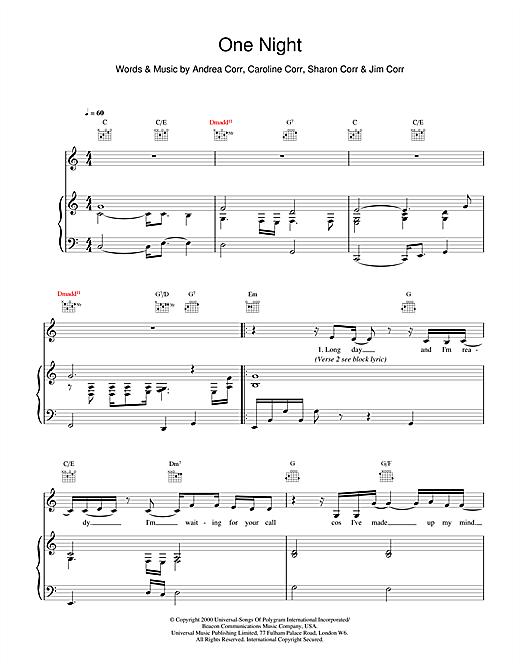 Preview The Corrs One Night Folk sheet music, notes and chords for Piano, Vocal & Guitar (Right-Hand Melody), SKU: 15272 sheet music, piano notes, chords, guitar tabs, score, transpose, transcribe, how to play, guide, download, learn, tutorial, progression, song, artist, awards, billboard, mtv, vh1, tour, single, album, release