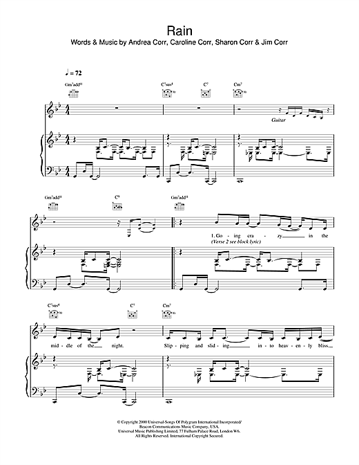 Preview The Corrs Rain Folk sheet music, notes and chords for Piano, Vocal & Guitar, SKU: 15273 sheet music, piano notes, chords, guitar tabs, score, transpose, transcribe, how to play, guide, download, learn, tutorial, progression, song, artist, awards, billboard, mtv, vh1, tour, single, album, release