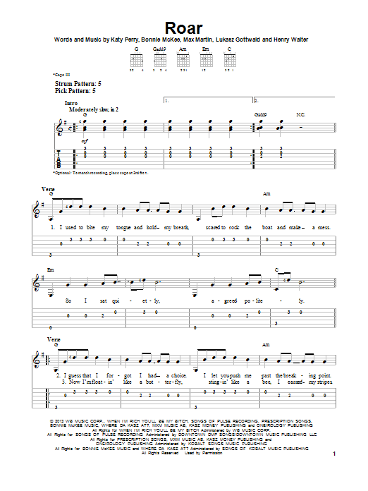 Preview Katy Perry Roar Pop sheet music, notes and chords for Easy Guitar Tab, SKU: 152789 sheet music, piano notes, chords, guitar tabs, score, transpose, transcribe, how to play, guide, download, learn, tutorial, progression, song, artist, awards, billboard, mtv, vh1, tour, single, album, release
