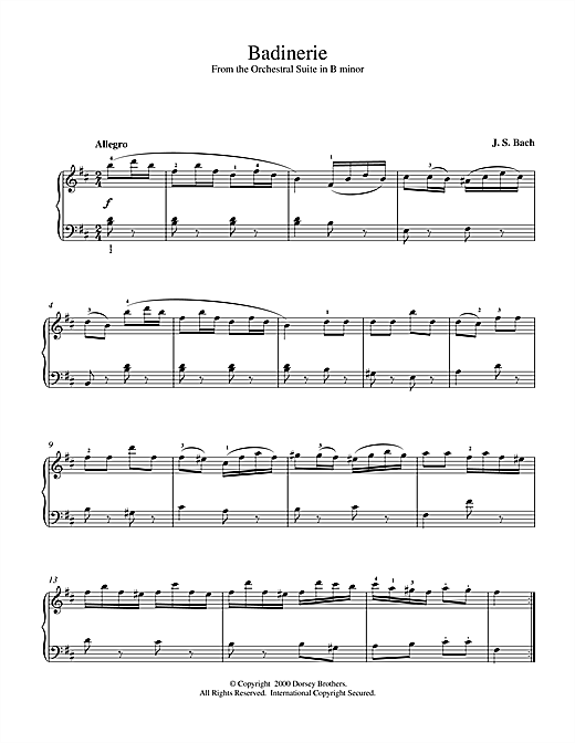 Preview Johann Sebastian Bach Badinerie (from Orchestral Suite No. 2 in B Minor) Classical sheet music, notes and chords for Piano, SKU: 15352 sheet music, piano notes, chords, guitar tabs, score, transpose, transcribe, how to play, guide, download, learn, tutorial, progression, song, artist, awards, billboard, mtv, vh1, tour, single, album, release