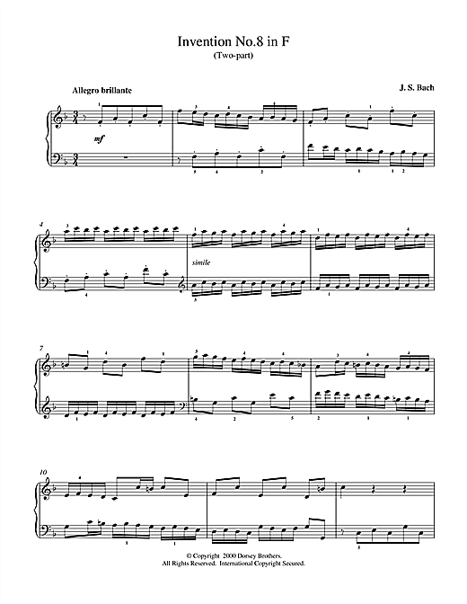 Preview Johann Sebastian Bach Two-Part Invention No. 8 in F Major Classical sheet music, notes and chords for Piano, SKU: 15360 sheet music, piano notes, chords, guitar tabs, score, transpose, transcribe, how to play, guide, download, learn, tutorial, progression, song, artist, awards, billboard, mtv, vh1, tour, single, album, release