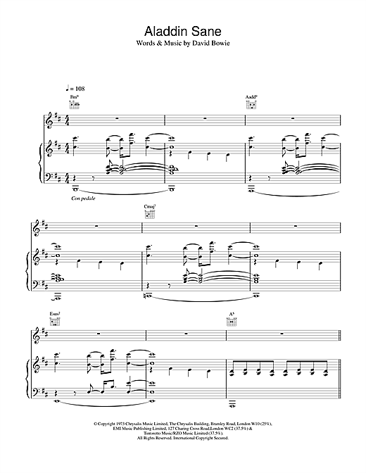 Preview David Bowie Aladdin Sane Rock sheet music, notes and chords for Piano, Vocal & Guitar, SKU: 15416 sheet music, piano notes, chords, guitar tabs, score, transpose, transcribe, how to play, guide, download, learn, tutorial, progression, song, artist, awards, billboard, mtv, vh1, tour, single, album, release