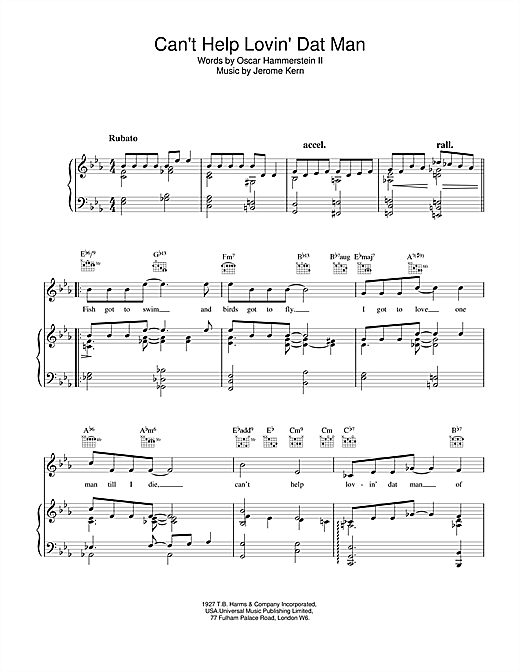 Preview Jerome Kern Can't Help Lovin' Dat Man (from Show Boat) Musicals sheet music, notes and chords for Piano, Vocal & Guitar (Right-Hand Melody), SKU: 15419 sheet music, piano notes, chords, guitar tabs, score, transpose, transcribe, how to play, guide, download, learn, tutorial, progression, song, artist, awards, billboard, mtv, vh1, tour, single, album, release