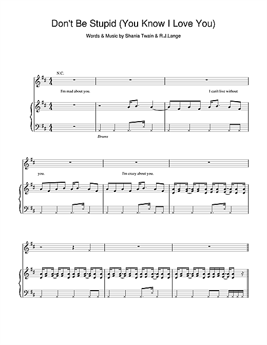 Preview Shania Twain Don't Be Stupid (You Know I Love You) Pop sheet music, notes and chords for Piano, Vocal & Guitar, SKU: 15421 sheet music, piano notes, chords, guitar tabs, score, transpose, transcribe, how to play, guide, download, learn, tutorial, progression, song, artist, awards, billboard, mtv, vh1, tour, single, album, release