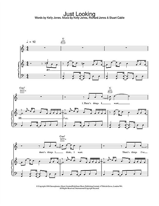Preview Stereophonics Just Looking Rock sheet music, notes and chords for Piano, Vocal & Guitar, SKU: 15422 sheet music, piano notes, chords, guitar tabs, score, transpose, transcribe, how to play, guide, download, learn, tutorial, progression, song, artist, awards, billboard, mtv, vh1, tour, single, album, release