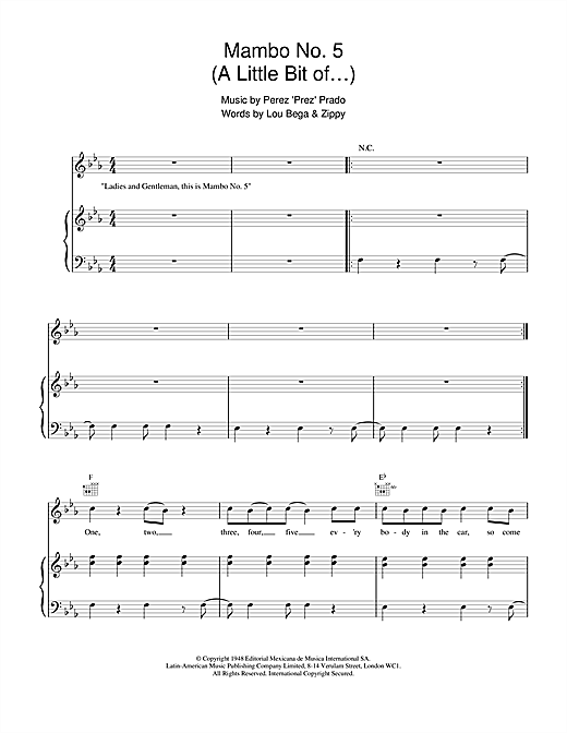 Preview Lou Bega Mambo No. 5 (A Little Bit Of...) Pop sheet music, notes and chords for Piano, Vocal & Guitar (Right-Hand Melody), SKU: 15423 sheet music, piano notes, chords, guitar tabs, score, transpose, transcribe, how to play, guide, download, learn, tutorial, progression, song, artist, awards, billboard, mtv, vh1, tour, single, album, release