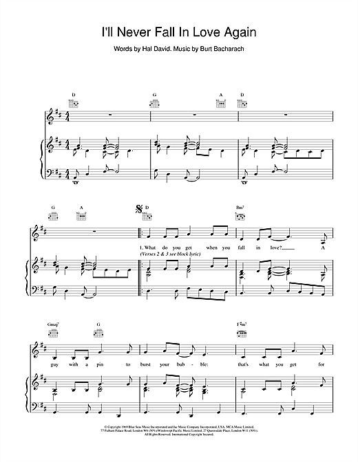 Preview Bacharach & David I'll Never Fall In Love Again Pop sheet music, notes and chords for Piano, Vocal & Guitar (Right-Hand Melody), SKU: 15458 sheet music, piano notes, chords, guitar tabs, score, transpose, transcribe, how to play, guide, download, learn, tutorial, progression, song, artist, awards, billboard, mtv, vh1, tour, single, album, release