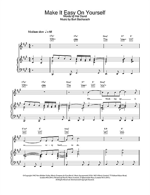 Preview The Walker Brothers Make It Easy On Yourself Pop sheet music, notes and chords for Piano, Vocal & Guitar (Right-Hand Melody), SKU: 15459 sheet music, piano notes, chords, guitar tabs, score, transpose, transcribe, how to play, guide, download, learn, tutorial, progression, song, artist, awards, billboard, mtv, vh1, tour, single, album, release