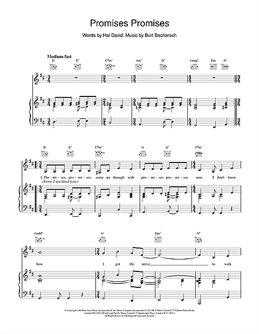 Preview Bacharach & David Promises, Promises Pop sheet music, notes and chords for Piano, Vocal & Guitar (Right-Hand Melody), SKU: 15460 sheet music, piano notes, chords, guitar tabs, score, transpose, transcribe, how to play, guide, download, learn, tutorial, progression, song, artist, awards, billboard, mtv, vh1, tour, single, album, release