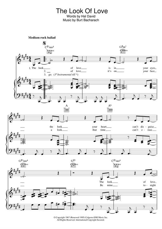 Preview Bacharach & David The Look Of Love Pop sheet music, notes and chords for Piano, Vocal & Guitar (Right-Hand Melody), SKU: 15461 sheet music, piano notes, chords, guitar tabs, score, transpose, transcribe, how to play, guide, download, learn, tutorial, progression, song, artist, awards, billboard, mtv, vh1, tour, single, album, release