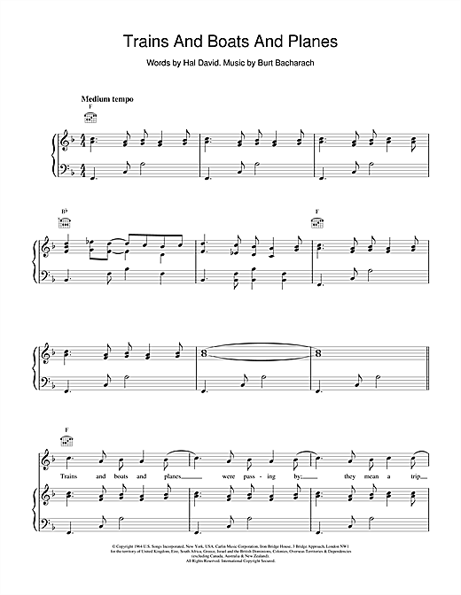 Preview Bacharach & David Trains And Boats And Planes Pop sheet music, notes and chords for Piano, Vocal & Guitar (Right-Hand Melody), SKU: 15462 sheet music, piano notes, chords, guitar tabs, score, transpose, transcribe, how to play, guide, download, learn, tutorial, progression, song, artist, awards, billboard, mtv, vh1, tour, single, album, release