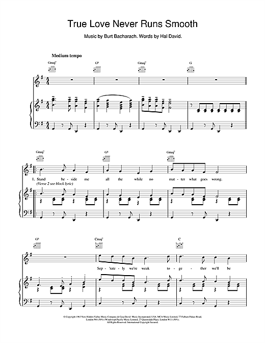 Preview Bacharach & David True Love Never Runs Smooth Pop sheet music, notes and chords for Piano, Vocal & Guitar (Right-Hand Melody), SKU: 15463 sheet music, piano notes, chords, guitar tabs, score, transpose, transcribe, how to play, guide, download, learn, tutorial, progression, song, artist, awards, billboard, mtv, vh1, tour, single, album, release