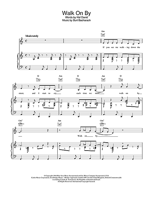 Preview Bacharach & David Walk On By Pop sheet music, notes and chords for Piano, Vocal & Guitar (Right-Hand Melody), SKU: 15464 sheet music, piano notes, chords, guitar tabs, score, transpose, transcribe, how to play, guide, download, learn, tutorial, progression, song, artist, awards, billboard, mtv, vh1, tour, single, album, release