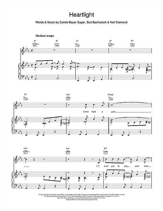 Preview Burt Bacharach Heartlight Pop sheet music, notes and chords for Piano, Vocal & Guitar (Right-Hand Melody), SKU: 15468 sheet music, piano notes, chords, guitar tabs, score, transpose, transcribe, how to play, guide, download, learn, tutorial, progression, song, artist, awards, billboard, mtv, vh1, tour, single, album, release