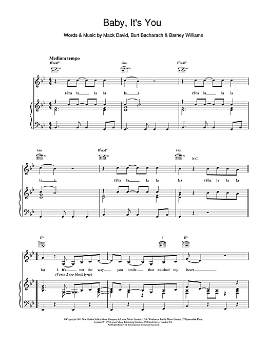 Preview Bacharach & David Baby It's You Pop sheet music, notes and chords for Piano, Vocal & Guitar (Right-Hand Melody), SKU: 15469 sheet music, piano notes, chords, guitar tabs, score, transpose, transcribe, how to play, guide, download, learn, tutorial, progression, song, artist, awards, billboard, mtv, vh1, tour, single, album, release
