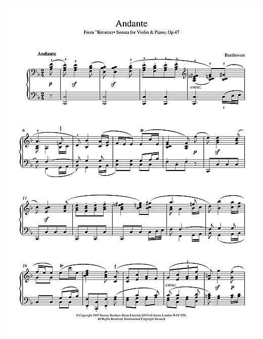 Preview Ludwig van Beethoven Andante from Violin Sonata No. 9 (Kreutzer) Classical sheet music, notes and chords for Piano, SKU: 15471 sheet music, piano notes, chords, guitar tabs, score, transpose, transcribe, how to play, guide, download, learn, tutorial, progression, song, artist, awards, billboard, mtv, vh1, tour, single, album, release