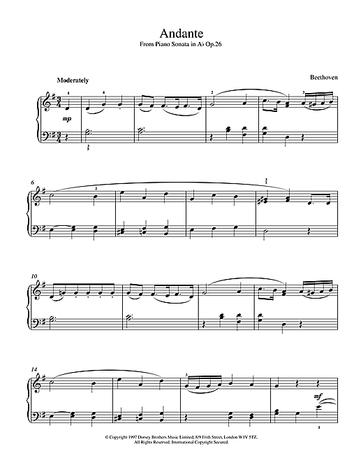 Preview Ludwig van Beethoven Andante Sonata Op.26 Classical sheet music, notes and chords for Piano, Vocal & Guitar (Right-Hand Melody), SKU: 15472 sheet music, piano notes, chords, guitar tabs, score, transpose, transcribe, how to play, guide, download, learn, tutorial, progression, song, artist, awards, billboard, mtv, vh1, tour, single, album, release